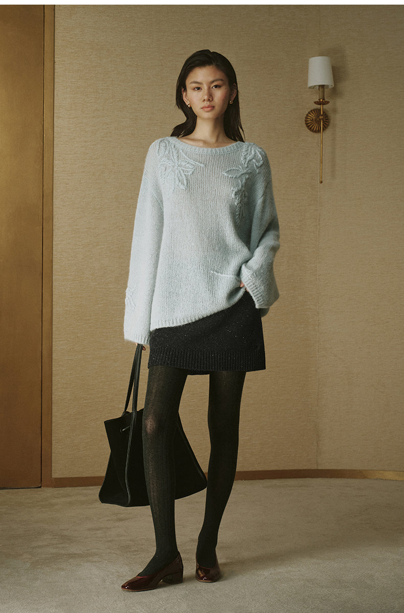 Alpaca-Blend Floral Knit Sweater - Clear Water Blue - view 2