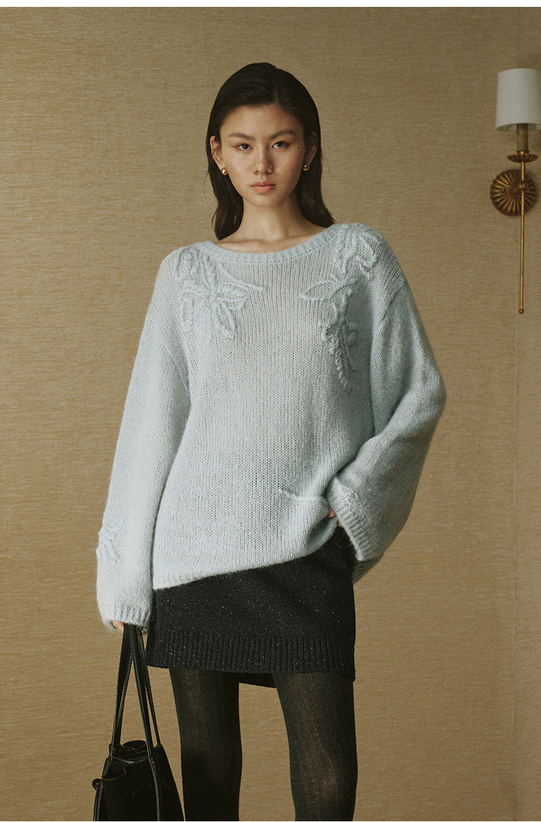 Alpaca-Blend Floral Knit Sweater - Clear Water Blue - view 3