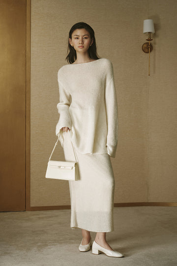 Alpaca Wool Column Maxi Skirt - Ivory White - view 1