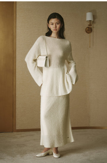 Alpaca Wool Column Maxi Skirt - Ivory White - view 2