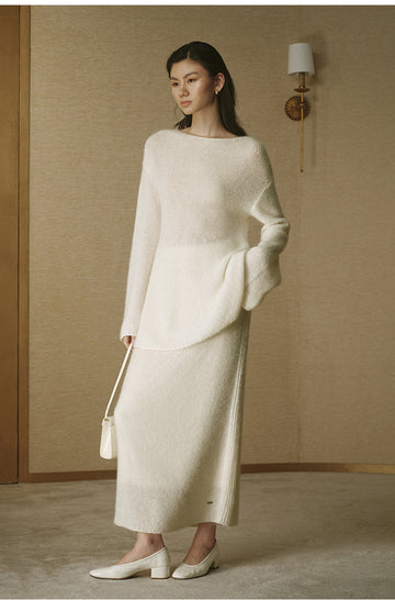 Alpaca Wool Column Maxi Skirt - Ivory White - view 3