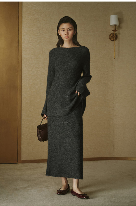 Alpaca Wool Column Maxi Skirt - Deep Smoky Grey - view 1