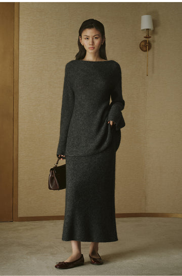 Alpaca Wool Column Maxi Skirt - Deep Smoky Grey - view 2