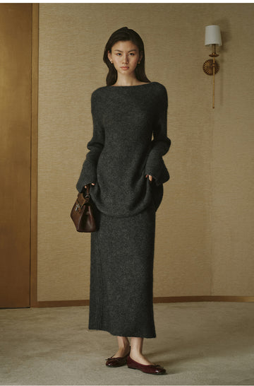 Alpaca Wool Column Maxi Skirt - Deep Smoky Grey - view 3
