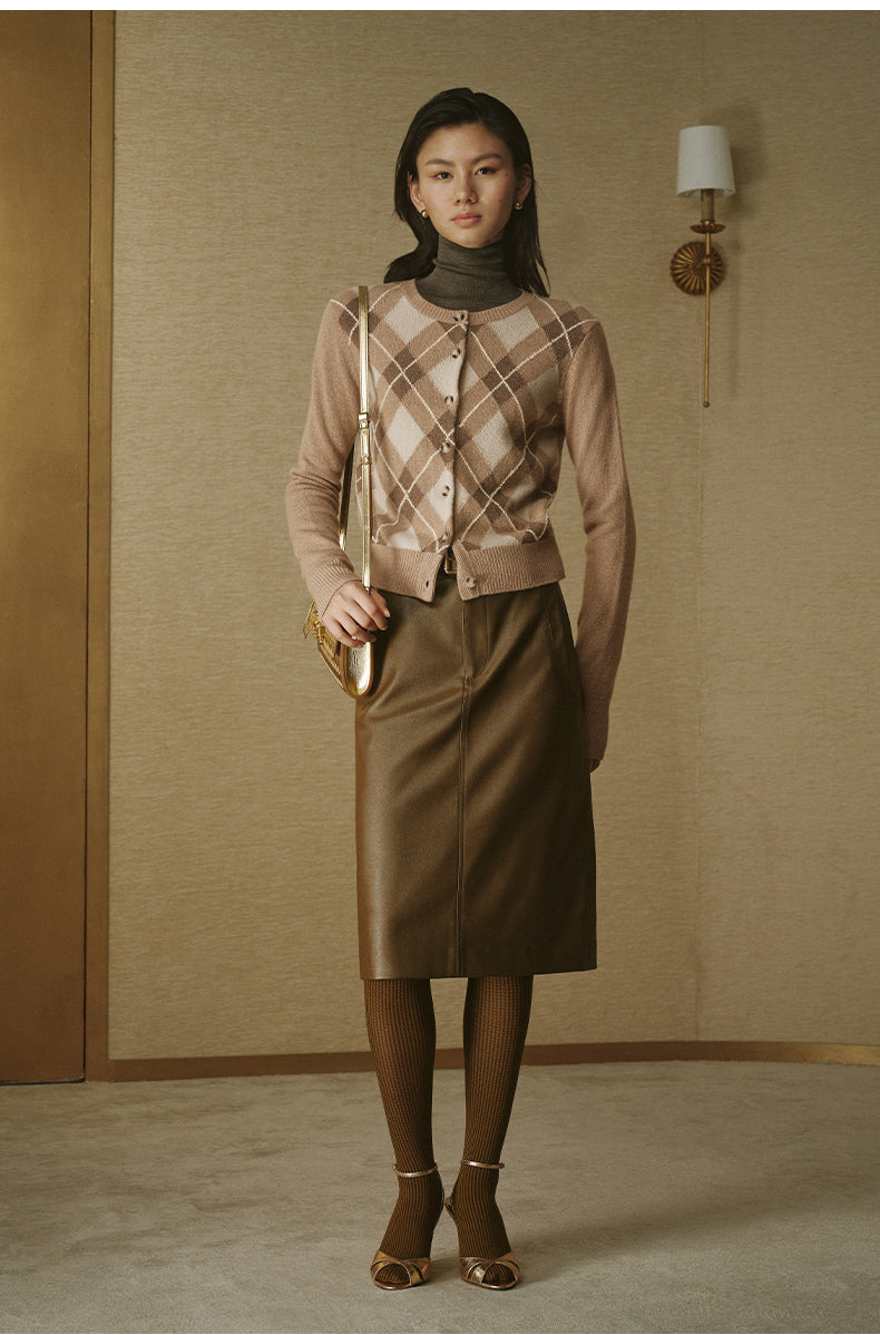 Argyle Cashmere Wool Cardigan - Beige Coffee Check - view 2