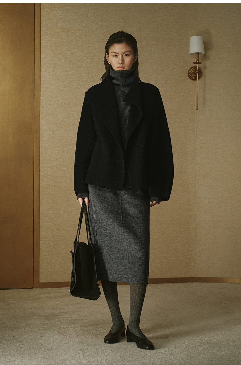 Belted Wool Cape Coat - Ink Black - view 1