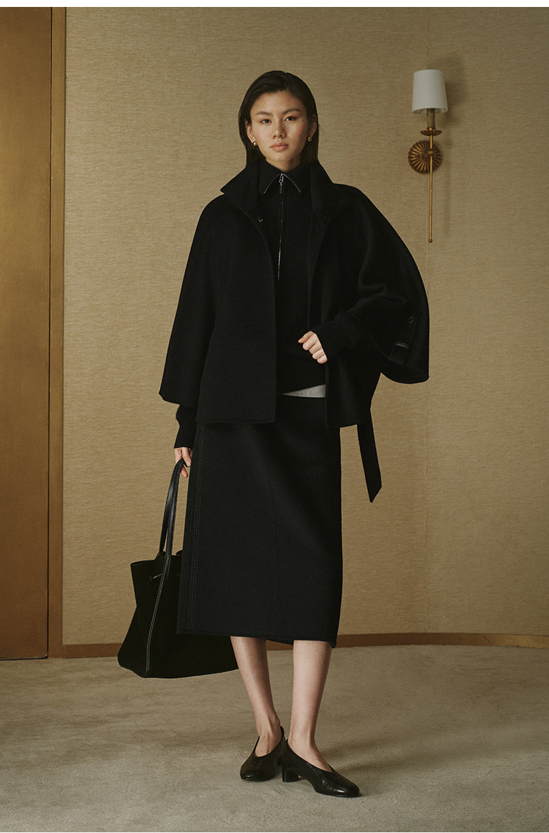 Belted Wool Cape Coat - Ink Black - view 4