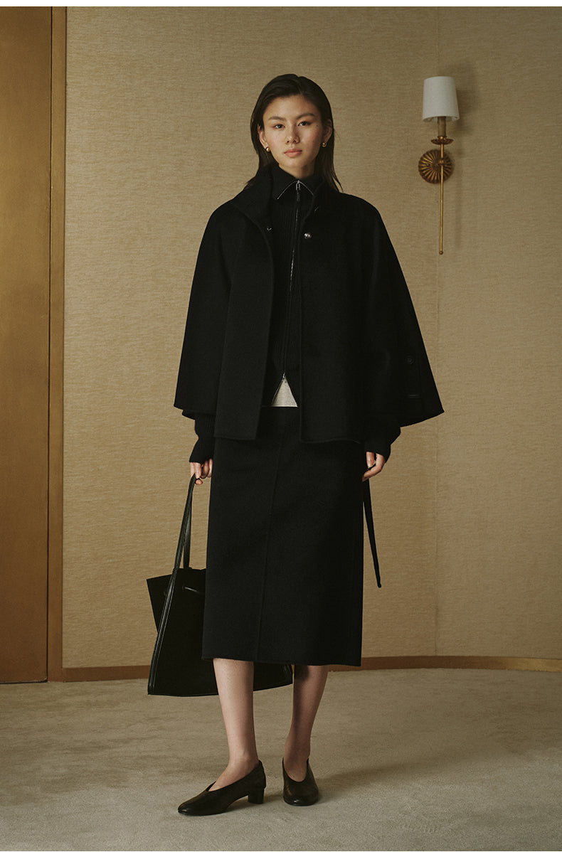 Belted Wool Cape Coat - Ink Black - view 5