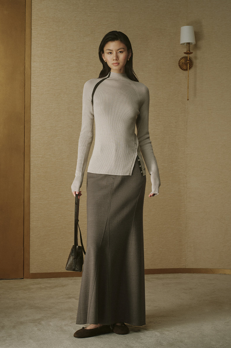 Contrast-Trim Wool Turtleneck Knit - First Snow Beige - view 1