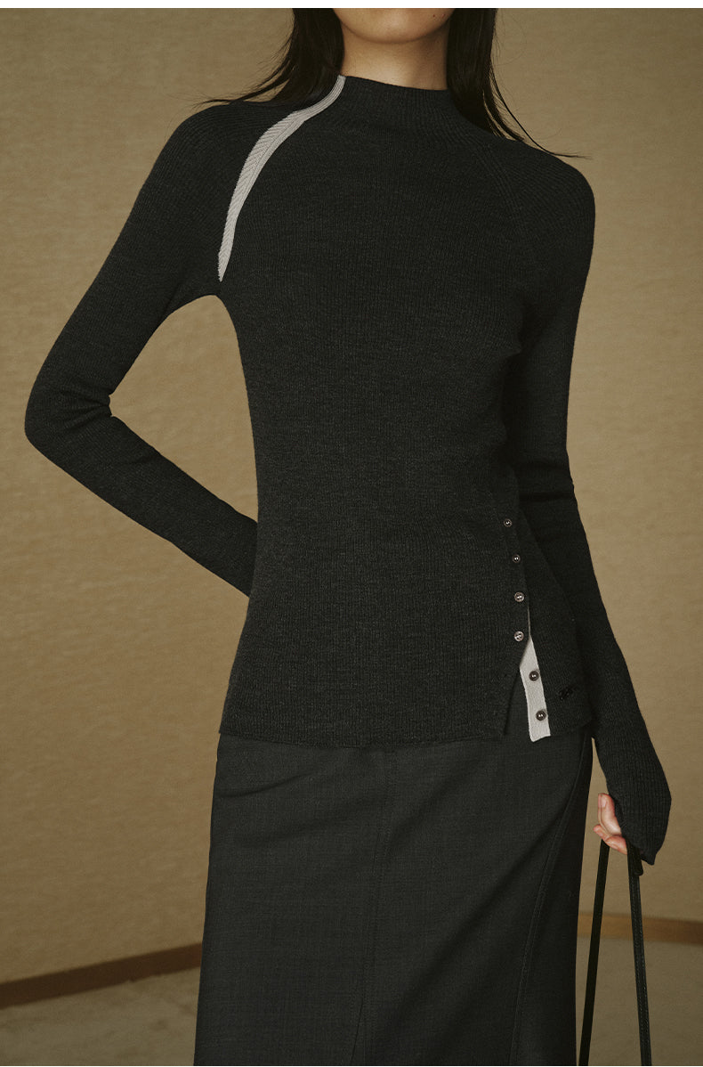 Contrast-Trim Wool Turtleneck Knit - Deep Smoky Grey - view 4