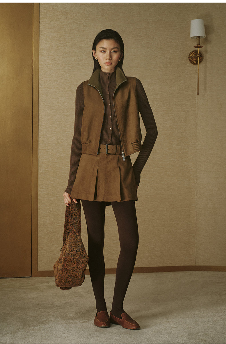 Convertible-Collar Fitted Knit Top - Rich Brown - view 5