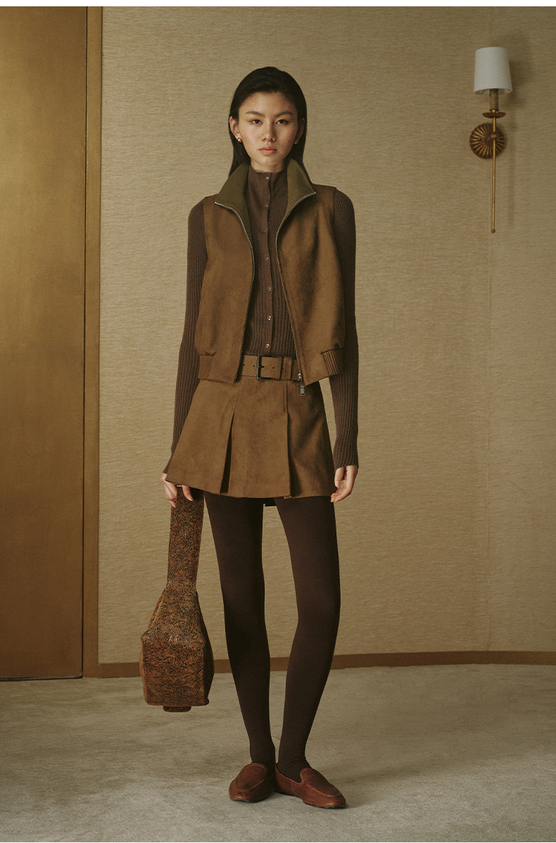 Convertible-Collar Fitted Knit Top - Rich Brown - view 6
