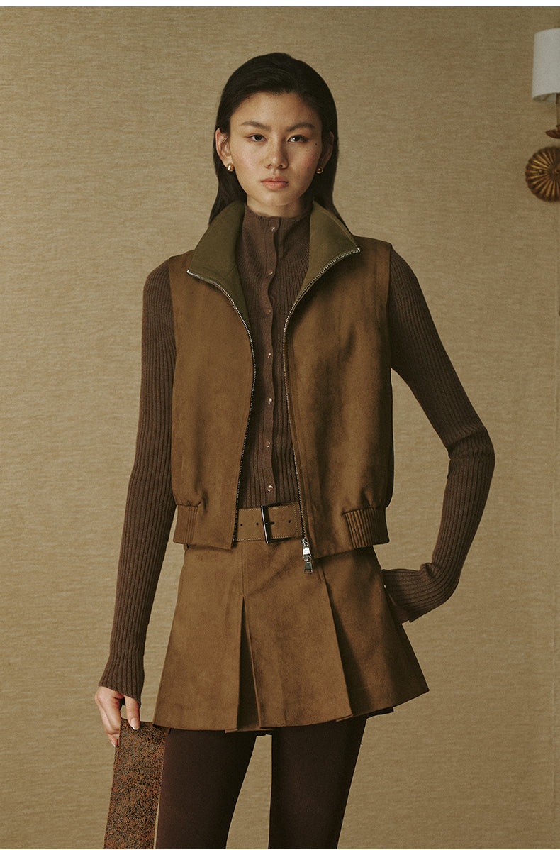 Convertible-Collar Fitted Knit Top - Rich Brown - view 7