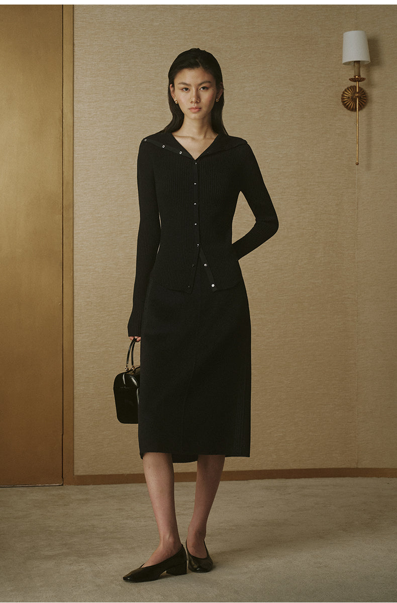 Convertible-Collar Fitted Knit Top - Ink Black - view 1