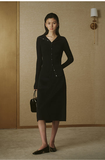 Convertible-Collar Fitted Knit Top - Ink Black - view 1