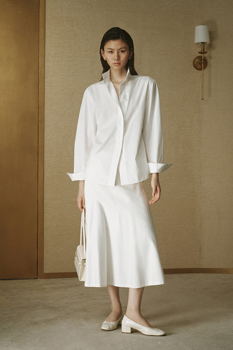 Cotton A-Line Midi Skirt - Ivory White - view 1
