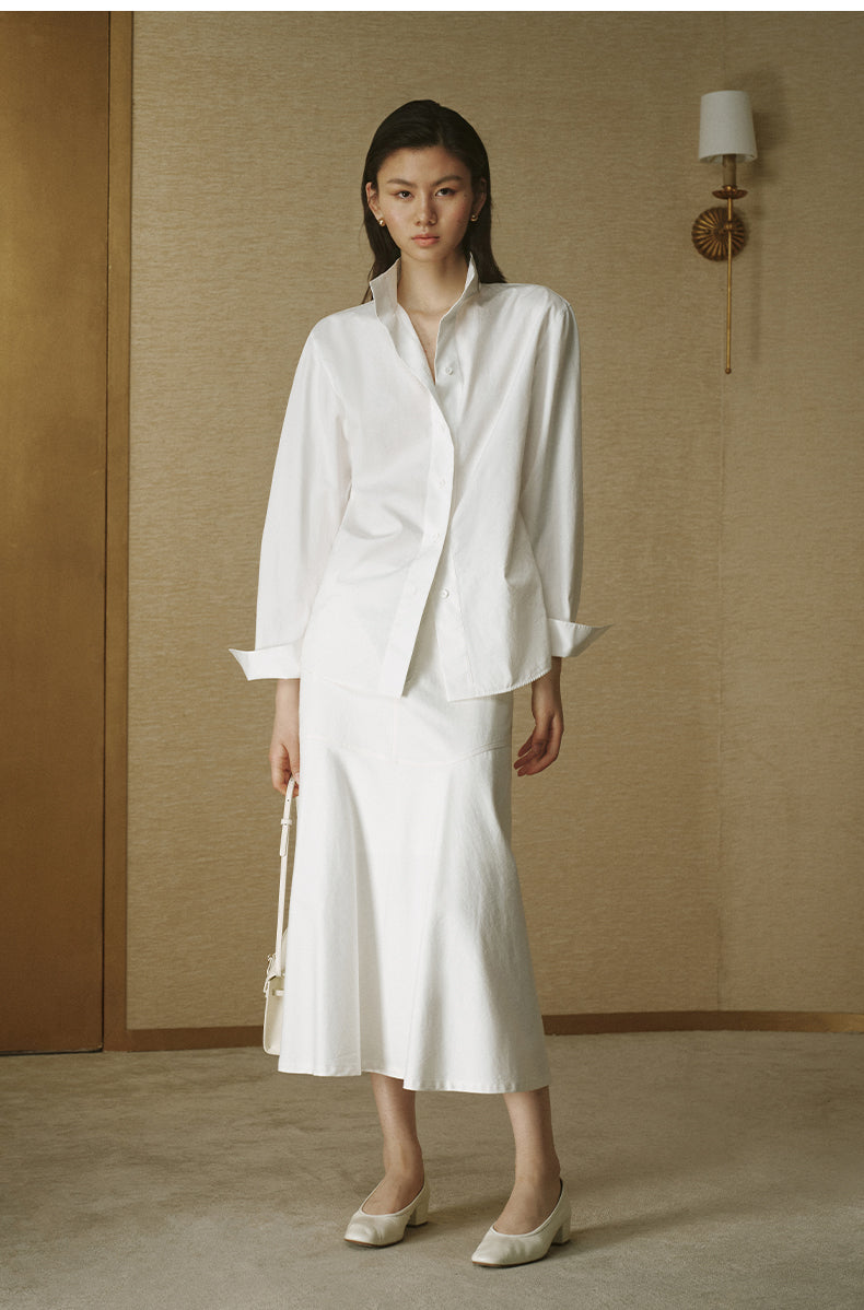 Cotton A-Line Midi Skirt - Ivory White - view 2