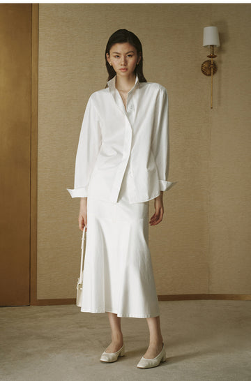 Cotton A-Line Midi Skirt - Ivory White - view 2