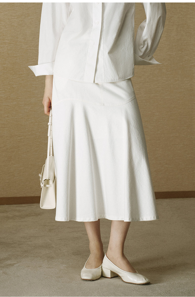 Cotton A-Line Midi Skirt - Ivory White - view 3