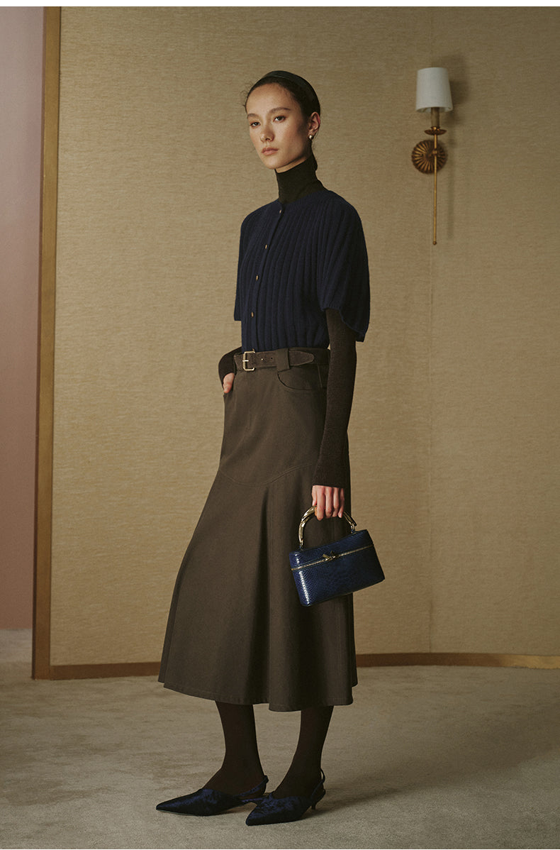 Cotton A-Line Midi Skirt - Deep Grey Brown - view 2