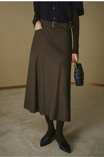 Cotton A-Line Midi Skirt - Deep Grey Brown - view 3