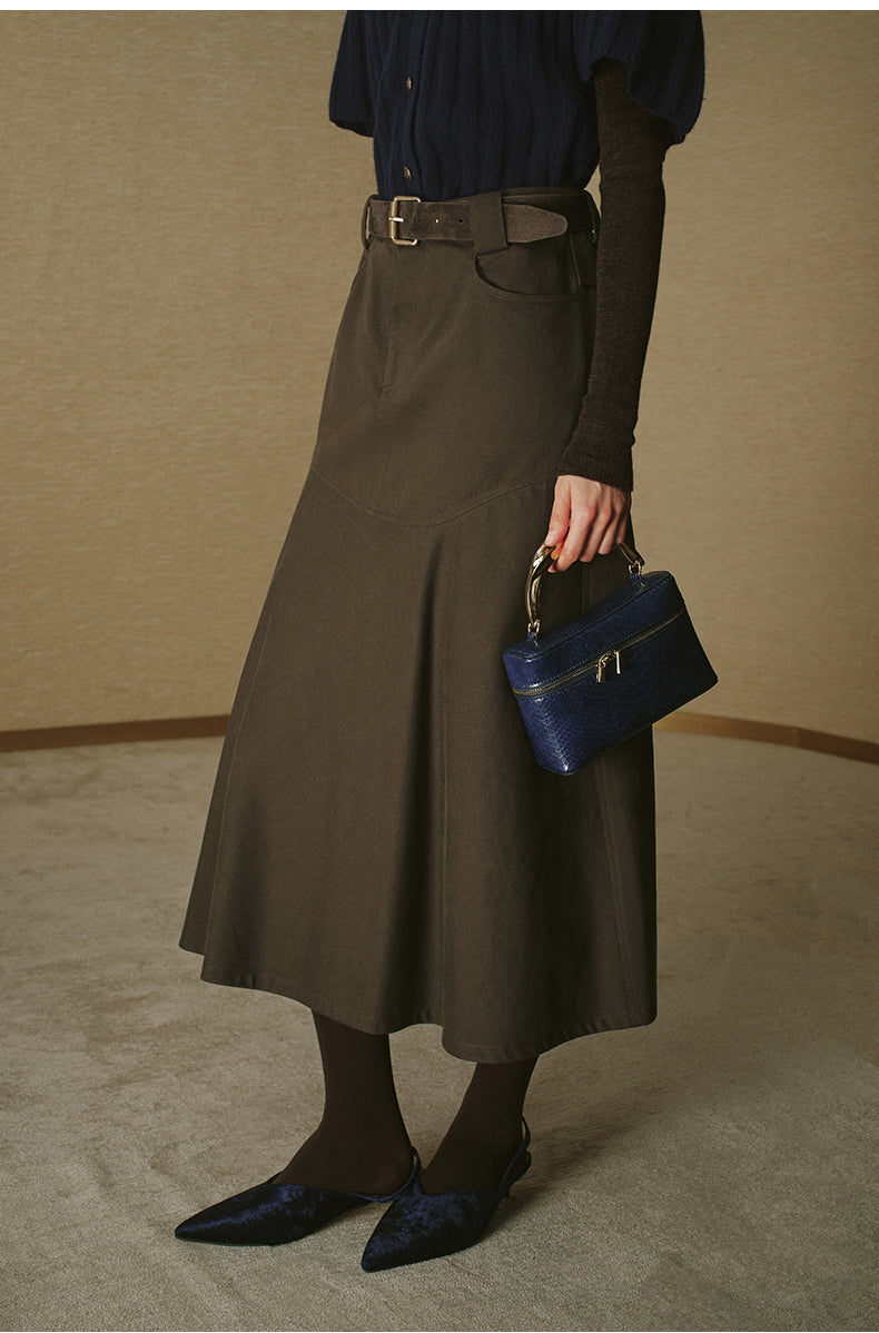 Cotton A-Line Midi Skirt - Deep Grey Brown - view 4