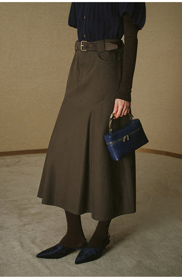 Cotton A-Line Midi Skirt - Deep Grey Brown - view 4