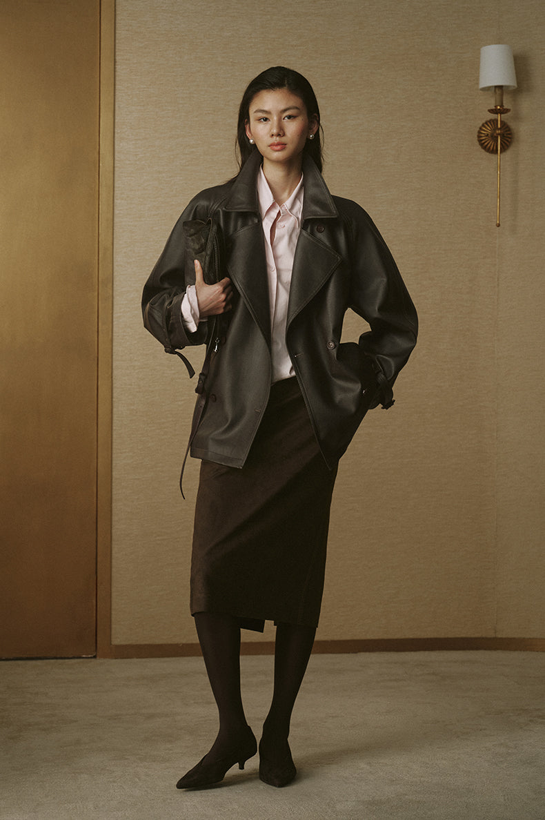 Cropped Faux-Leather Trench Jacket - Coffee Brown - view 1