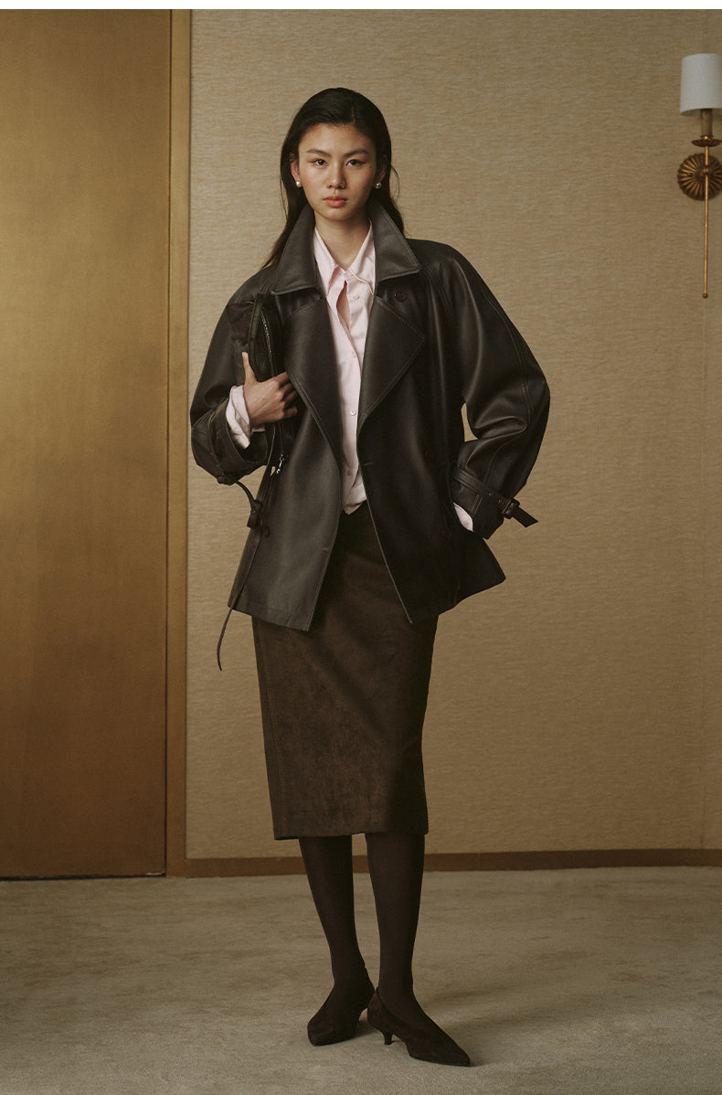 Cropped Faux-Leather Trench Jacket - Coffee Brown - view 2
