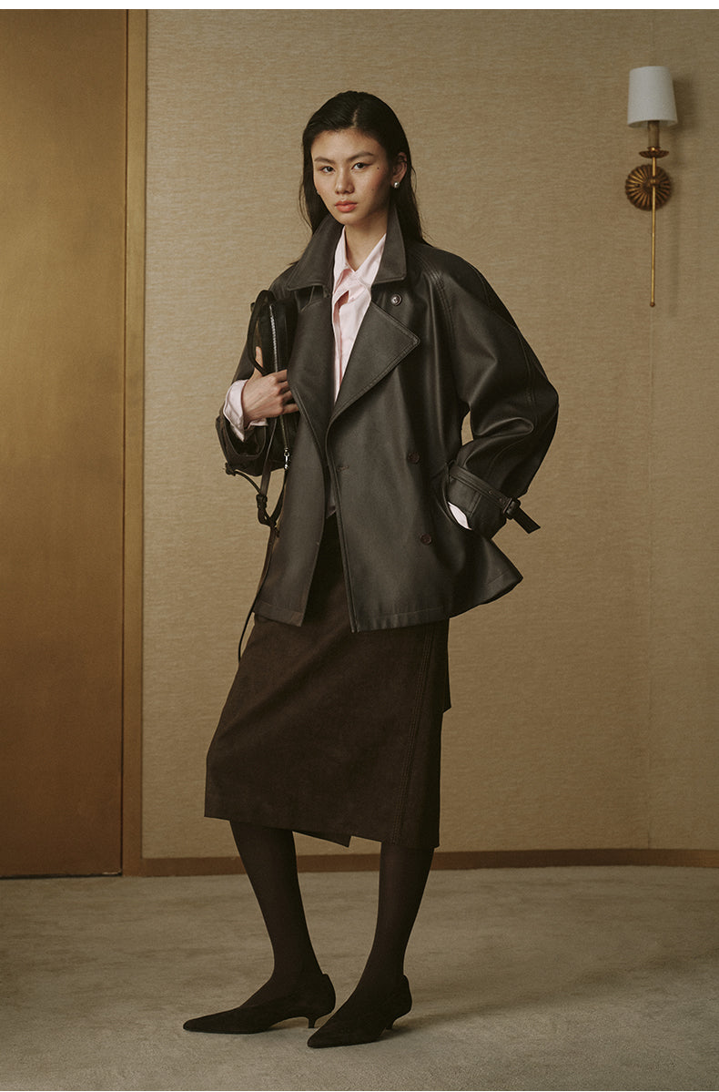 Cropped Faux-Leather Trench Jacket - Coffee Brown - view 3
