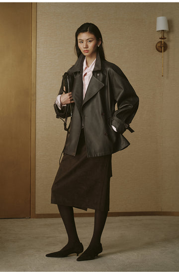 Cropped Faux-Leather Trench Jacket - Coffee Brown - view 3