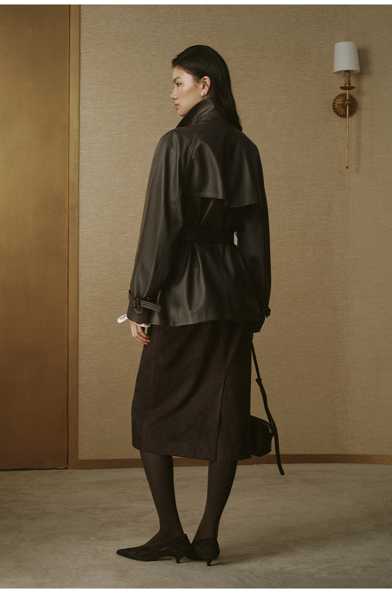 Cropped Faux-Leather Trench Jacket - Coffee Brown - view 4