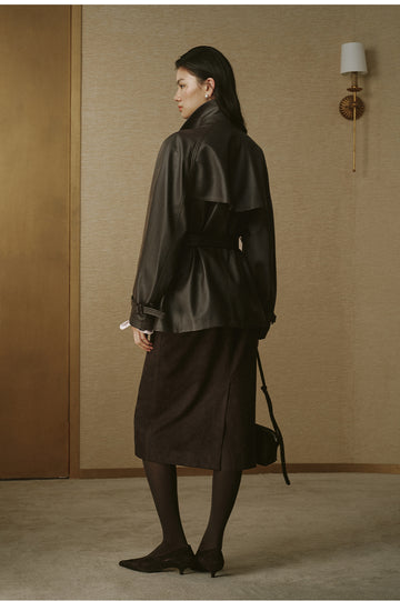 Cropped Faux-Leather Trench Jacket - Coffee Brown - view 4