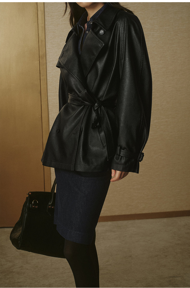 Cropped Faux-Leather Trench Jacket - Ink Black - view 3