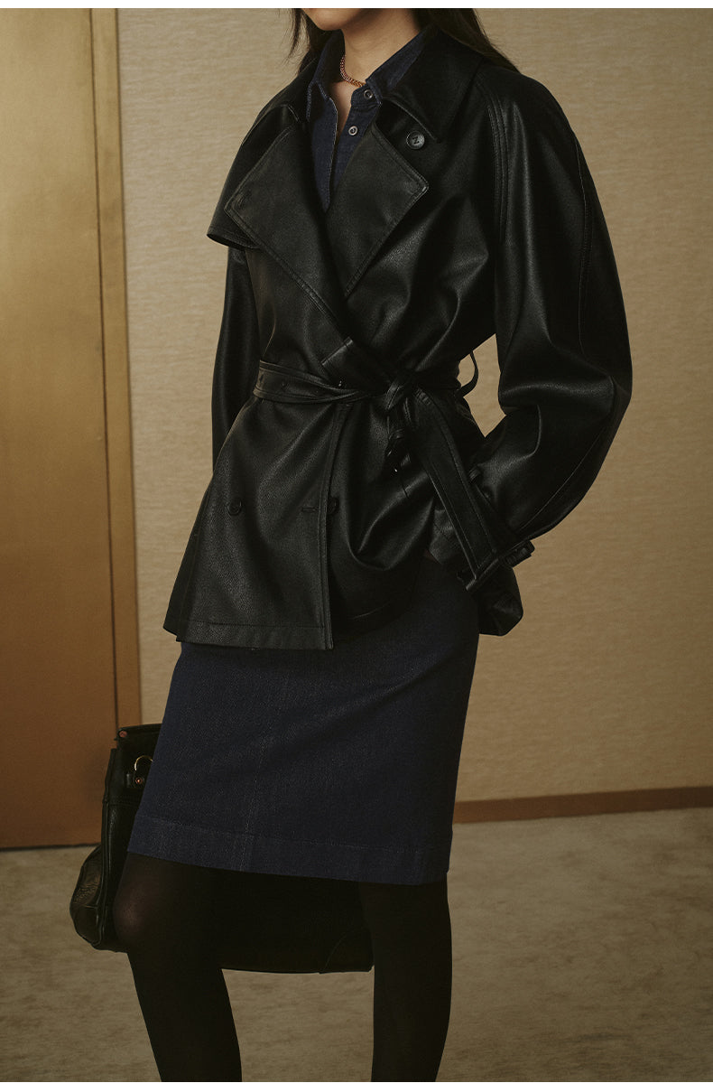 Cropped Faux-Leather Trench Jacket - Ink Black - view 4