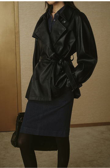 Cropped Faux-Leather Trench Jacket - Ink Black - view 4