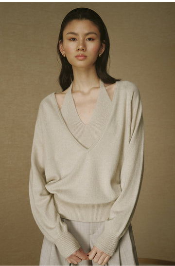Deep U-Neck Wool Sweater - Jade White - view 2