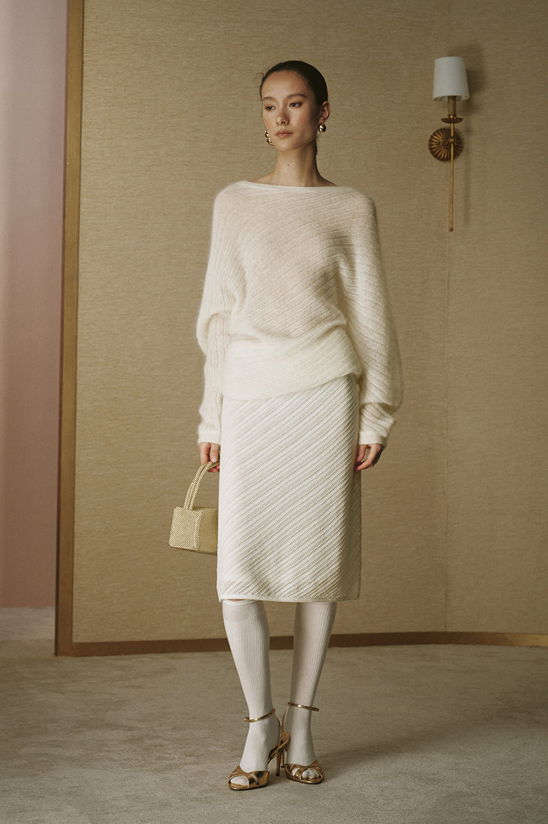 Diagonal-Knit Mohair Bateau Sweater - Ivory White - view 1