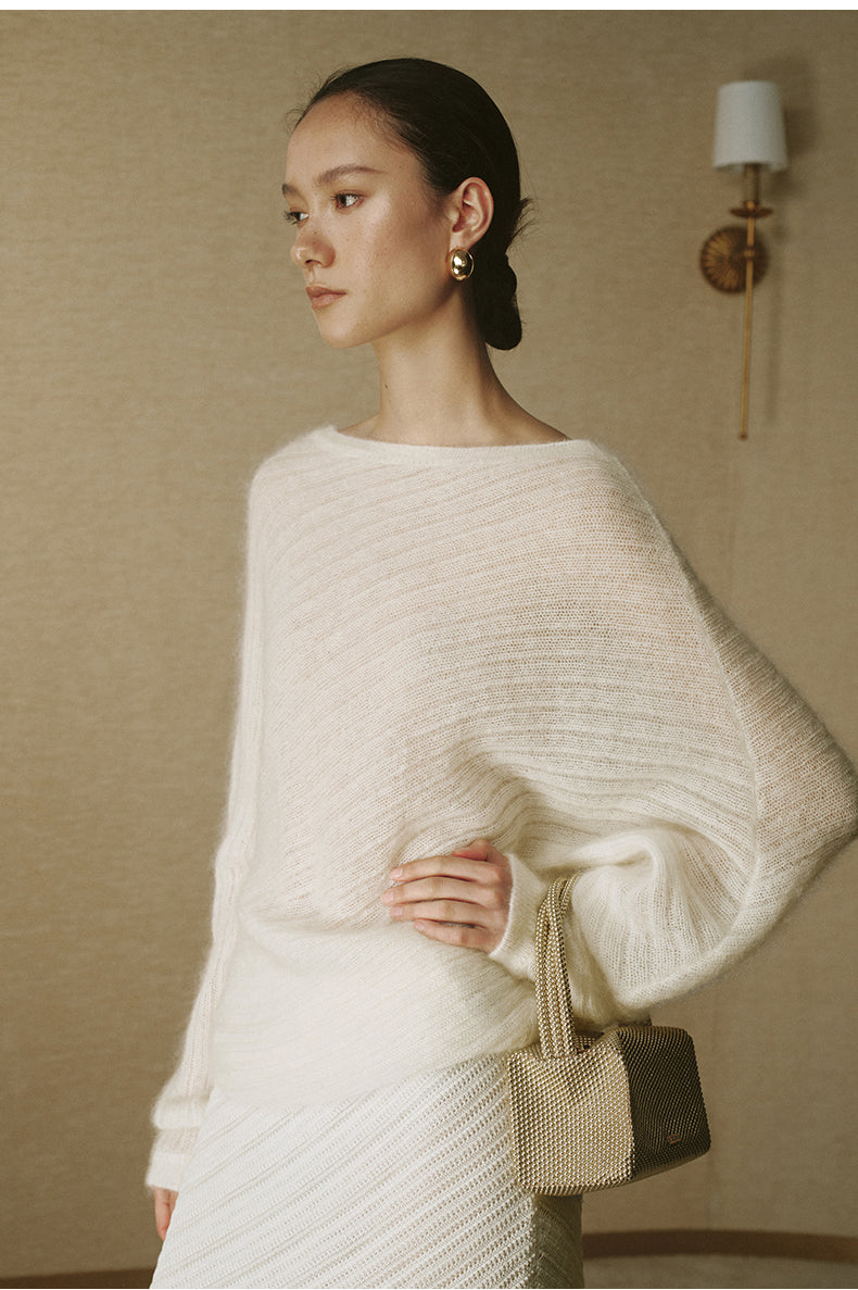 Diagonal-Knit Mohair Bateau Sweater - Ivory White - view 4
