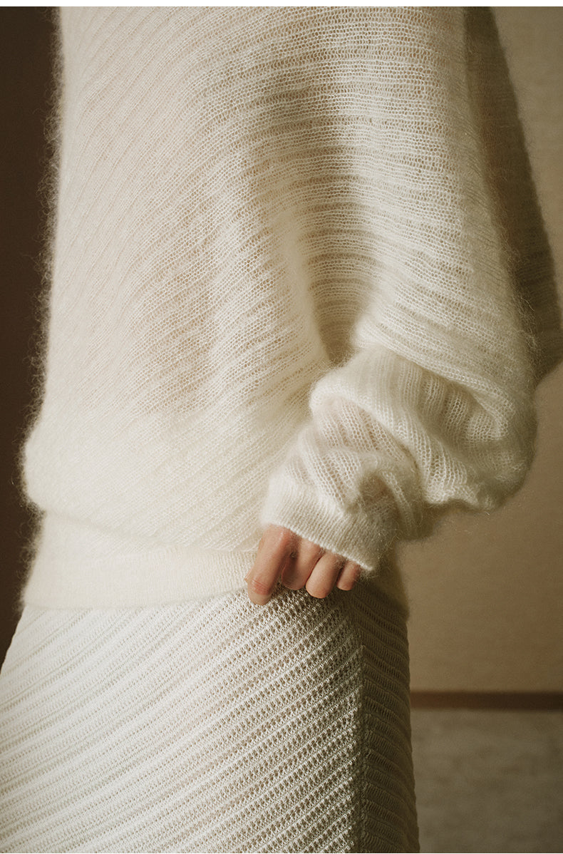 Diagonal-Knit Mohair Bateau Sweater - Ivory White - view 5