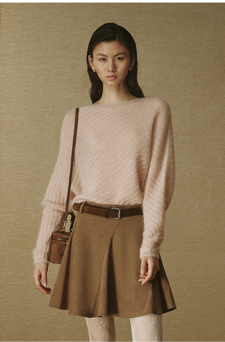 Diagonal-Knit Mohair Bateau Sweater - Smoky Pink - view 3