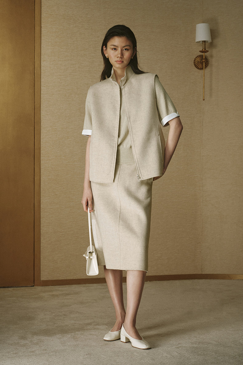 Double-Face Pure Wool Zip Vest - Natural White - view 1