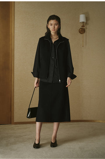 Double-Face Pure Wool Zip Vest - Ink Black - view 1