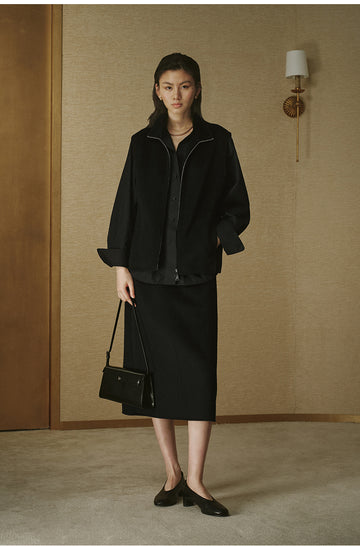 Double-Face Pure Wool Zip Vest - Ink Black - view 2