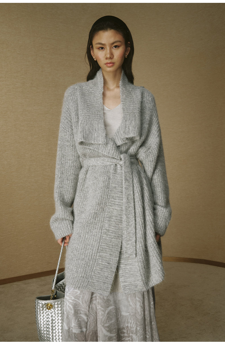 Draped-Collar Alpaca Long Cardigan - Flecked Grey - view 1