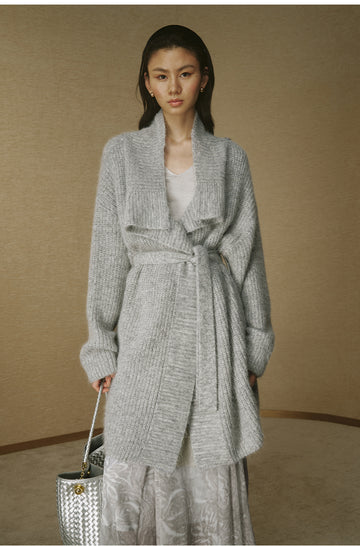 Draped-Collar Alpaca Long Cardigan - Flecked Grey - view 1