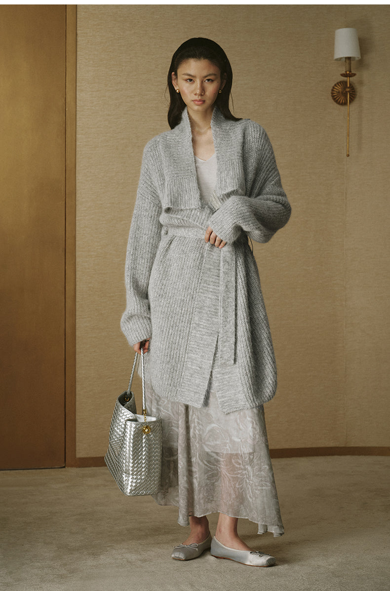 Draped-Collar Alpaca Long Cardigan - Flecked Grey - view 2