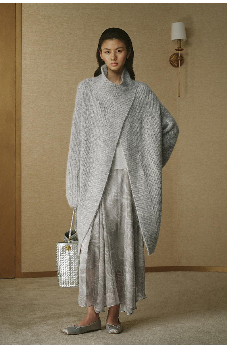 Draped-Collar Alpaca Long Cardigan - Flecked Grey - view 3