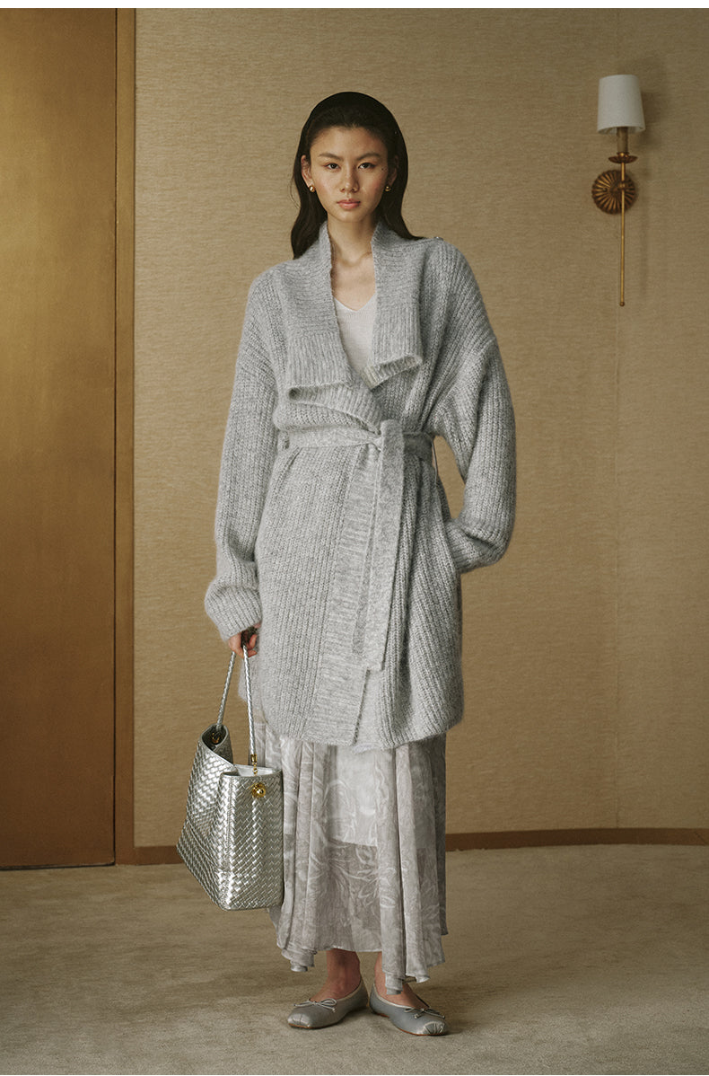 Draped-Collar Alpaca Long Cardigan - Flecked Grey - view 4