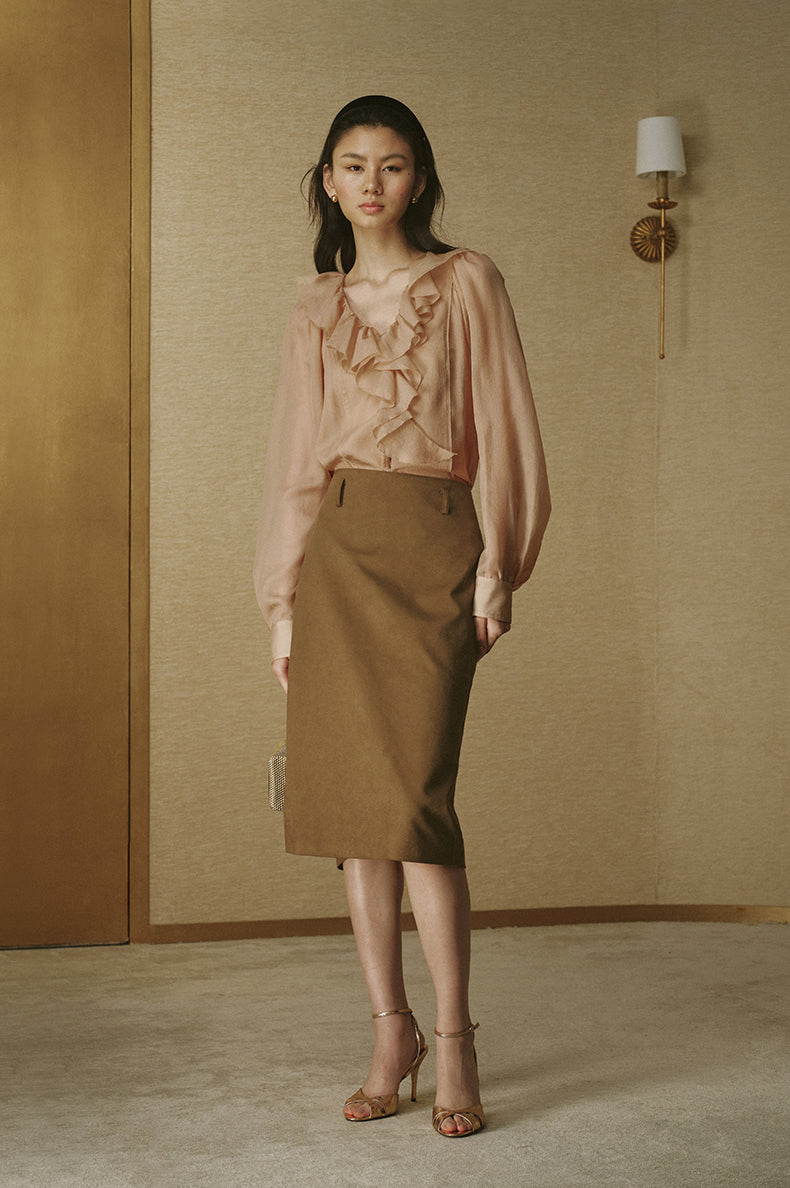 Faux-Suede Straight Midi Skirt - Pine Tea Brown - view 1